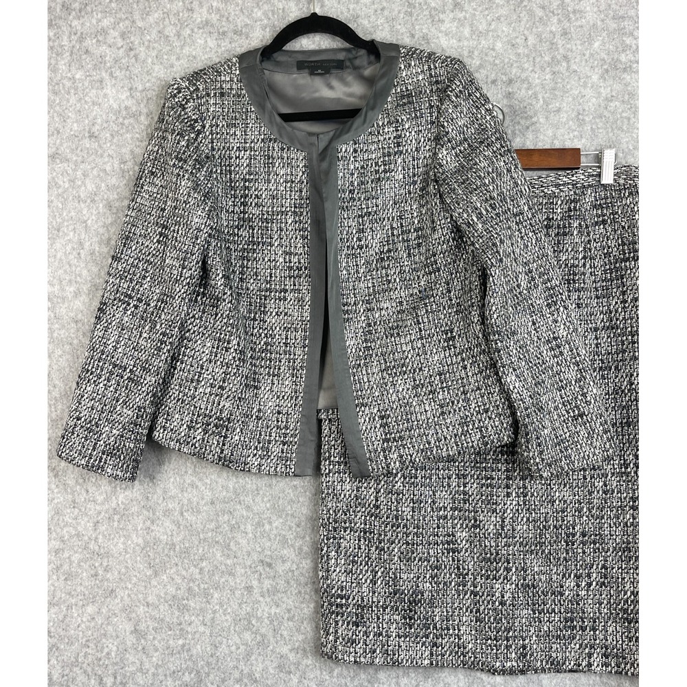 Worth New York 2pc‎ Skirt Set Blazer Womens 12 Tweed Metallic Silk Trim Career